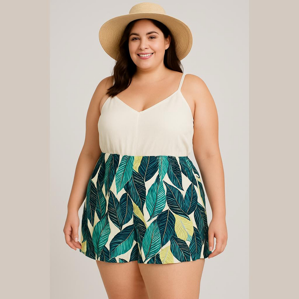 BloomChic Cream and Green Leaf Print Romper